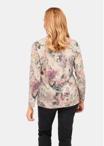 Print-Shirt GOLDNER "Kurzgr&ouml;&szlig;e Florales Blusenshirt mit V-Ausschnitt", Damen, Gr. 23, lila (lila, gemustert), Obermaterial: 65% Polyester PES. 35% Viskose CV., figurumspielend, Shirts Print-Shirt, Bl&uuml;tendessin in filigraner Patchoptik