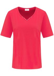 Langarm-Poloshirt GOLDNER "Kurzgr&ouml;&szlig;e Halbarm Basic-Shirt aus Baumwolle", Damen, Gr. 24, rot, Obermaterial: 95% Baumwolle CO. 5% Elasthan EL., Tubular, Shirts Langarm-Poloshirt, Ausschnitt in Herzform mit Schmucksteinen verziert
