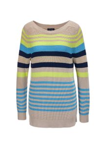 Rundhalspullover GOLDNER "Kurzgr&ouml;&szlig;e Ringelpullover", Damen, Gr. 22, gelb (kiesel, limettengelb, pazifikblau, geringelt), Obermaterial: 54% Baumwolle CO. 45% Viskose CV. 1% metallisierte Fasern MTF., Rippe, Pullover Rundhalspullover, mit dezentem Glanzeffekt