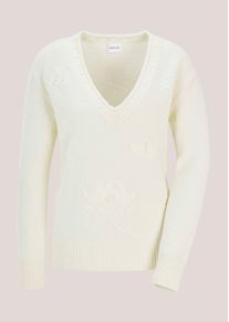 Madeleine Mode Longpullover MADELEINE "Kaschmirpullover Eleganter Strickpullover mit floralem Design", Damen, Gr. 34, wei&szlig; (wollwei&szlig;), Obermaterial: 35% Polyamid PA. 30% Viskose CV. 30% Wolle mw. 5% Kaschmir WS., Modern, Pullover Longpullover, florales Strickmuster