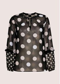 Madeleine Mode Langarmbluse MADELEINE "Chiffonbluse Elegante Bluse mit P&uuml;nktchen-Druck", Damen, Gr. 48, schwarz (schwarz, wei&szlig;), Obermaterial: 100% Polyester PES., Modern, Blusen Langarmbluse, Mit Bindeband und Schlitz