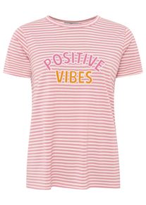 T-Shirt Zwillingsherz "Positive Vibes", Damen, Gr. XL, hellrosa, Web, Obermaterial: 95% Viskose, 5% Elasthan, bestickt, geringelt, bequem h&uuml;ftbedeckend, Rundhals, gerader Abschluss, Shirts T-Shirt, gestickter Statement Schriftzug, Rundhals