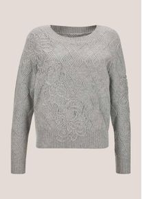 Madeleine Mode Longpullover MADELEINE "Strickpullover Rundhals-Wollpullover mit Kordelstickerei", Damen, Gr. 48, grau (silbergrau, melange), Obermaterial: 100% Schurwolle WV., Modern, normal, Pullover Longpullover, Mit Rippstruktur, Kordelstickerei und T&uuml;llunterlegung