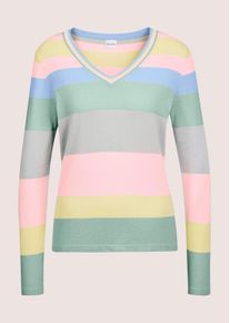 Madeleine Mode Longpullover MADELEINE "Pullover V-Pullover mit langen &Auml;rmeln", Damen, Gr. 44/46, gr&uuml;n (hellsalbeigr&uuml;n, puderros&eacute;, multicolor), Obermaterial: 70% Viskose CV. 30% Polyamid PA., Modern, normal, V-Ausschnitt, Pullover Longpullover