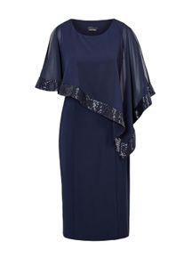Abendkleid GOLDNER "Kurzgr&ouml;&szlig;e Kleid mit raffiniertem Chiffon&uuml;berwurf", Damen, Gr. 20, K-Gr, blau (mitternachtsblau), Obermaterial: 96% Polyester PES. 4% Elasthan EL., festlich, figurumspielend, Halbarm, Kleider Abendkleid, Chiffon