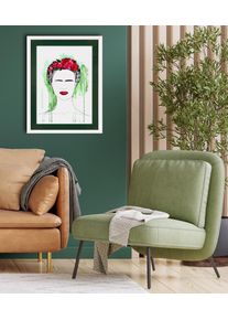 Bild mit Rahmen queence "Frida Kahlo", gr&uuml;n (farbe rahmen: wei&szlig;, farbe bild(er): gr&uuml;n), B:40cm H:50cm T:2cm, Acrylglas, Holz, Bilder, Bild mit Rahmen, Poster mit buntem Acrylglas Passepartout