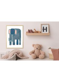 Bild mit Rahmen queence "Blauer Elefant", blau (farbe rahmen: natur, braun, beige, farbe bild(er): blau), B:50cm H:70cm T:1,5cm, Holz, Plexiglas, Bilder, Bild mit Rahmen, HD Premium Posterdruck mit Echtholzrahmen