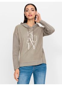 Kapuzenshirt Heine "Kapuzen-Shirt", Damen, Gr. 48, beige (sesam), 95% Baumwolle, 5% Elasthan, Vorderteil:5% Elasthan, 95% Polyester, unifarben, Shirts Kapuzenshirt