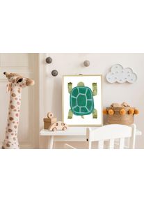 Bild mit Rahmen queence "Schildkr&ouml;te", gr&uuml;n (farbe rahmen: natur, braun, beige, farbe bild(er): gr&uuml;n), B:50cm H:70cm T:1,5cm, Holz, Plexiglas, Bilder, Bild mit Rahmen, HD Premium Posterdruck mit Echtholzrahmen