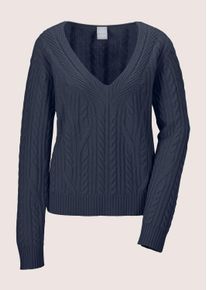 Madeleine Mode Longpullover MADELEINE "Kaschmirpullover Kaschmirpullover mit V-Ausschnitt", Damen, Gr. 40/42, blau (marine), Obermaterial: 100% Kaschmir WS., Modern, V-Ausschnitt, Pullover Longpullover, Zopfmuster