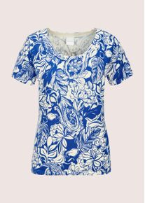 Madeleine Mode Longpullover MADELEINE "Feinstrickpullover Viskoseshirt mit floralem Muster", Damen, Gr. 44/46, blau (azurblau, wollwei&szlig;), Obermaterial: 71% Viskose CV. 29% Polyamid PA., Modern, Pullover Longpullover, Floraler Alloverdruck