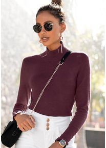 Strickpullover Lascana, Damen, Gr. 32/34, lila (brombeer, burgunder), Feinstrick, Obermaterial: 83% Viskose, 15% Polyamid, 2% Elasthan, unifarben, figurbetont h&uuml;ftlang, mit Schlitz, Pullover Strickpullover, mit Zierkn&ouml;pfen am &Auml;rmelabschluss, leichter Rollkragenpullover, Basic, Topseller