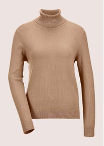 Madeleine Mode Longpullover MADELEINE "Strickpullover Schmaler Feinstrickpullover", Damen, Gr. 44/46, braun (caramel), Obermaterial: 70% Viskose CV. 30% Polyamid PA., Modern, normal, Rollkragen, Pullover Longpullover, Feinstrick