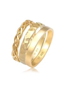 Ring-Set Elli "Ring Bandring Zopfmuster Hammerschlag 3er Set 925 Silber" Gr. 52, gold, Fingerringe, Damen, 52, ohne Stein, Silber 925 (Sterlingsilber), 3mm, Ring-Set