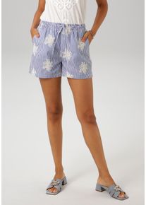 Shorts Aniston CASUAL, Damen, Gr. 36, N-Gr, wei&szlig; (blau, wei&szlig;, sand), Web, Obermaterial: 100% Baumwolle, bestickt, gestreift, l&auml;ssig geschnitten kurz, Hosen Shorts, gestreift und aufw&auml;ndig mit Stickerei verziert