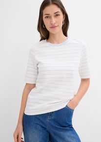 T-Shirt bonprix, Damen, Gr. 40/42 (M), wollwei&szlig;, zartblau gestreift, Jersey, Obermaterial: 100% Baumwolle, geringelt, gestreift, bequem h&uuml;ftbedeckend, Rundhals, Shirts T-Shirt, Halbarm, aus reiner Baumwolle