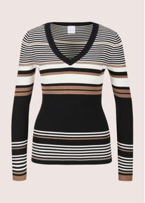 Madeleine Mode Longpullover MADELEINE "Feinstrickpullover Viskosepullover mit Streifen-Muster", Damen, Gr. 48, schwarz (schwarz, wollwei&szlig;, caramel), Obermaterial: 72% Viskose CV. 28% Polyester PES., Modern, schmal, V-Ausschnitt, Pullover Longpullover, Feine Rippstruktur