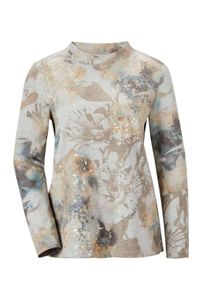 Kurzarmshirt GOLDNER "Kurzgr&ouml;&szlig;e Elegantes Langarmshirt mit Foliendruck", Damen, Gr. 25, grau (grau, melange), Obermaterial: 60% Polyester PES. 35% Baumwolle CO. 5% Elasthan EL., Gerade, Shirts Kurzarmshirt, Seitennahtschlitze