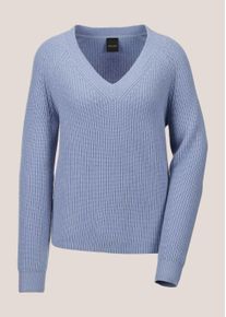 Madeleine Mode Longpullover MADELEINE "Pullover Langarm V-Ausschnitt-Pullover Strick", Damen, Gr. 40/42, blau (rauchblau), Obermaterial: 90% Schurwolle WV. 10% Kaschmir WS., Modern, normal, Pullover Longpullover, dezenter Strukturstrick