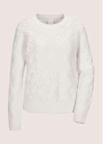 Madeleine Mode Longpullover MADELEINE "Strickpullover Rundhals-Wollpullover mit Kordelstickerei", Damen, Gr. 48, wei&szlig; (wollwei&szlig;), Obermaterial: 100% Schurwolle WV., Modern, normal, Pullover Longpullover, Mit Rippstruktur, Kordelstickerei und T&uuml;llunterlegung