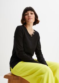 Langarmshirt bonprix, Damen, Gr. 36/38 (S), schwarz, Jersey, Obermaterial: 95% Baumwolle, 5% Elasthan, unifarben, bequem h&uuml;ftbedeckend, V-Ausschnitt, Shirts Langarmshirt, bequeme Passform, Langarm, tolle &Ouml;sen-Details
