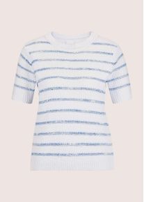 Madeleine Mode Longpullover MADELEINE "Pullover Ringel-Pullover mit kurzen &Auml;rmeln", Damen, Gr. 44/46, wei&szlig; (wei&szlig;, rauchblau), Obermaterial: 90% Baumwolle CO. 10% Polyamid PA., Modern, normal, Pullover Longpullover