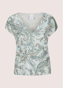 Madeleine Mode Longpullover MADELEINE "Stricktop Viskoseshirt mit Paisley-Muster", Damen, Gr. 36/38, blau (bleu, multicolor), Obermaterial: 71% Polyester PES. 29% Viskose CV., Modern, Pullover Longpullover, Dezent schimmerndes Finish