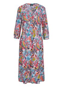 Sommerkleid GOLDNER "Kurzgr&ouml;&szlig;e Midikleid, Allover-Print, V-Ausschnitt", Damen, Gr. 23, K-Gr, bunt (bunt, gemustert), Obermaterial: 100% Viskose CV., figurumspielend, Gummibund, Kleider Sommerkleid, Teilungsnaht
