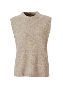Rundhalspullover GOLDNER "Edler Rippstrick Pullunder, Stehkragen", Damen, Gr. 42, beige (taupe), Obermaterial: 76% Polyester PES. 15% Polyamid PA. 6% Schurwolle WV. 3% Elasthan EL., keine/nicht relevant, Pullover Rundhalspullover, Leicht &uuml;berschnittene Schulter