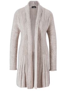 Strickjacke GOLDNER "Kurzgr&ouml;&szlig;e Supersofte ausgestellte Strickjacke", Damen, Gr. 22, beige (sand, melange), Obermaterial: 80% Polyacryl PAN. 10% Wolle WO. 5% Alpaka WP. 5% Viskose CV., figurumspielend, Rollkante, Strickjacken Strickjacke, Ohne