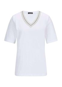 Kurzarmshirt GOLDNER "Kurzgr&ouml;&szlig;e Baumwollshirt mit edler Stickerei", Damen, Gr. 19, wei&szlig;, Obermaterial: 100% Baumwolle CO., figurumspielend, V-Ausschnitt, Shirts Kurzarmshirt, dekorative Stickerei am Ausschnitt