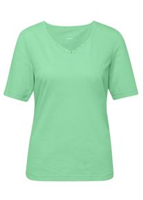 Langarm-Poloshirt GOLDNER "Halbarm Basic-Shirt aus Baumwolle", Damen, Gr. 38, gr&uuml;n (hellgr&uuml;n), Obermaterial: 95% Baumwolle CO. 5% Elasthan EL., Tubular, Shirts Langarm-Poloshirt, Ausschnitt in Herzform mit Schmucksteinen verziert