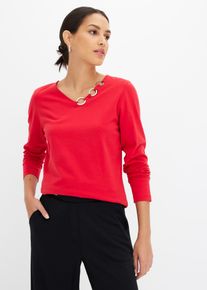 Langarmshirt bonprix, Damen, Gr. 36/38 (S), rot, Jersey, Obermaterial: 95% Baumwolle, 5% Elasthan, unifarben, bequem h&uuml;ftbedeckend, V-Ausschnitt, Shirts Langarmshirt, bequeme Passform, Langarm, tolle &Ouml;sen-Details