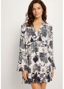 Strandkleid Lascana, Damen, Gr. 40/42, N-Gr, blau (creme, schwarz), Web, Obermaterial: 100% Viskose, bedruckt, figurumspielend ca. Mitte Oberschenkel, Rundhals, Volant, Kleider Strandkleid, mit Alloverdruck, Tunika, Blusenkleid aus Viskose