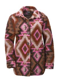 Wolljacke GOLDNER "Kurzgr&ouml;&szlig;e Hemdjacke", Damen, Gr. 25, braun (braun, pink, gemustert), Obermaterial: 50% Polyester PES. 50% Wolle WO., figurumspielend, Manschette, Jacken Wolljacke, Manschetten