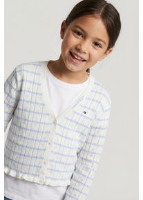 Strickjacke Tommy Hilfiger "POINTELLE CARDIGAN", M&auml;dchen, Gr. 8 (128), ivory silk, sweet blau stripes, Strick, Obermaterial: 100% Baumwolle, gestreift, regular fit h&uuml;ftlang, V-Ausschnitt, R&uuml;schen, Strickjacken Strickjacke, Kinder bis 16 Jahre, mit R&uuml;schen, regular fit