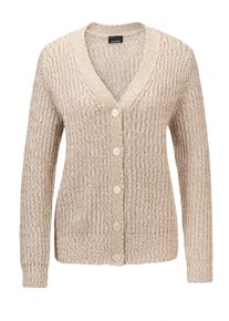 Strickjacke GOLDNER "Kurzgr&ouml;&szlig;e Langarm Strickjacke mit V-Ausschnitt", Damen, Gr. 19, beige (stein, wei&szlig;, gemustert), Obermaterial: 54% Baumwolle CO. 27% Polyacryl PAN. 19% Polyester PES., Basic, normal, Rippe, Strickjacken Strickjacke, Knopfleiste
