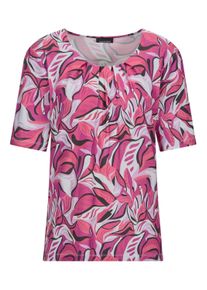Kurzarmshirt GOLDNER "Cityshirt mit Bl&auml;tter-Motiv", Damen, Gr. 50, pink, gemustert, Obermaterial: 95% Viskose CV. 5% Elasthan EL., gerade, Shirts Kurzarmshirt, dekorative Falten am Ausschnitt