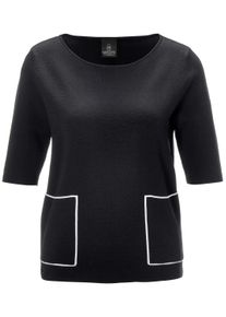 Madeleine Mode Longpullover MADELEINE "Strickpullover Eleganter Viskosepullover mit Rundhals", Damen, Gr. 34, schwarz (schwarz, wei&szlig;), Obermaterial: 65% Viskose CV. 35% Polyamid PA., Modern, normal, Pullover Longpullover