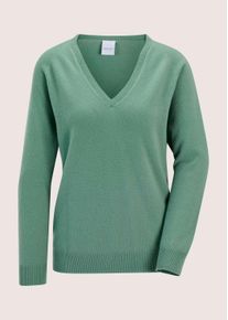 Madeleine Mode Longpullover MADELEINE "Kaschmirpullover Casual Strickpullover mit V-Ausschnitt", Damen, Gr. 40/42, gr&uuml;n (hellsalbeigr&uuml;n), Obermaterial: 100% Kaschmir WS., Modern, Pullover Longpullover, Reines Kaschmir