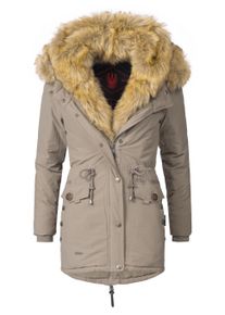 Wintermantel Navahoo "Wintermantel Sweety", Damen, Gr. XS, grau (taupe mit braunem fell), Obermaterial: 60% Polyester PES. 40% Baumwolle CO. Obermaterial: Futter: 100% Polyester PES. 100% Polyester PES., M&auml;ntel Wintermantel