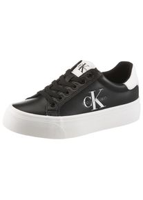 Plateausneaker Calvin Klein "VULC FLATFORM LACEUP LOW LTH", Damen, Gr. 41, schwarz, wei&szlig;, Leder, Lederimitat, unifarben mit Farbeinsatz, Basic, Schuhe Plateausneaker, Schn&uuml;rschuh, Halbschuh, Freizeitschuh mit seitlichem Logoschriftzug