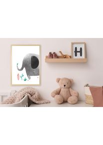 Bild mit Rahmen queence "Grauer Elefant", grau (farbe rahmen: natur, braun, beige, farbe bild(er): grau), B:50cm H:70cm T:1,5cm, Holz, Plexiglas, Bilder, Bild mit Rahmen, HD Premium Posterdruck mit Echtholzrahmen