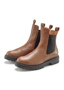 Stiefelette ELBSAND "Chelseaboots, Schlupfstiefel, Bikerboots, Sommerstiefelette", Damen, Gr. 44, schwarz (camel, schwarz), Obermaterial: 100% Rindsleder. Decksohle: 100% Synthetik. Futter: 100% Synthetik. Laufsohle: 100% Synthetik, unifarben, Schuhe Stiefelette, aus Leder mit Stretch-Eins&auml;tzen, Lederstiefelette