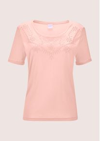 Madeleine Mode Kurzarmshirt MADELEINE "Shirt Halbarm-Shirt mit Lochstickerei", Damen, Gr. 42, rosa (puderros&eacute;), Obermaterial: 95% Viskose CV. 5% Elasthan EL., Modern, normal, Shirts Kurzarmshirt