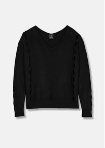 Madeleine Mode Longpullover MADELEINE "Pullover Strickpullover mit Cut-Outs und V-Ausschnitt", Damen, Gr. 40/42, schwarz, Obermaterial: 72% Viskose CV. 28% Polyester PES., Modern, normal, Pullover Longpullover