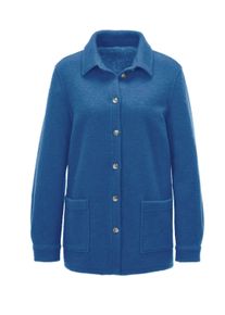 Sommerjacke GOLDNER "Kurzgr&ouml;&szlig;e L&auml;ssige Wolljacke mit Hemdkragen", Damen, Gr. 24, blau (atlantikblau), Obermaterial: 70% Polyester PES. 30% Wolle WO., Manschette, Jacken Sommerjacke, Kn&ouml;pfe