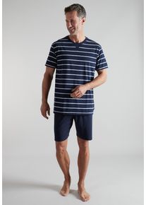 Shorty Bugatti, Herren, Gr. 58, blau, dunkel, ringel, Single Jersey, Obermaterial: 60% Baumwolle, 40% Polyester, bequem kurz, Rundhals, gerader Abschluss, Homewear-Sets Shorty, Kurzarm, Rundhalsausschnitt, kurze Hose, gestreift, Baumwollmix
