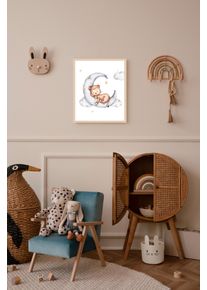 L&uuml;ttenh&uuml;tt Bild mit Rahmen L&Uuml;TTENH&Uuml;TT "oder Poster, Schlafender Affe auf Mond mit Sternen", bunt (farbe rahmen: beige, farbe bild(er): bunt), B:50cm H:70cm T:0,7cm, Holz, Plexiglas, Bilder, Bild mit Rahmen, HD Premium Druck