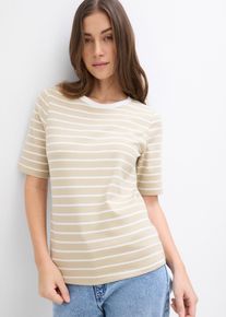 T-Shirt bonprix, Damen, Gr. 44/46 (L), rauchkhaki, wollwei&szlig; gestreift, Jersey, Obermaterial: 100% Baumwolle, geringelt, gestreift, bequem h&uuml;ftbedeckend, Rundhals, Shirts T-Shirt, Halbarm, aus reiner Baumwolle
